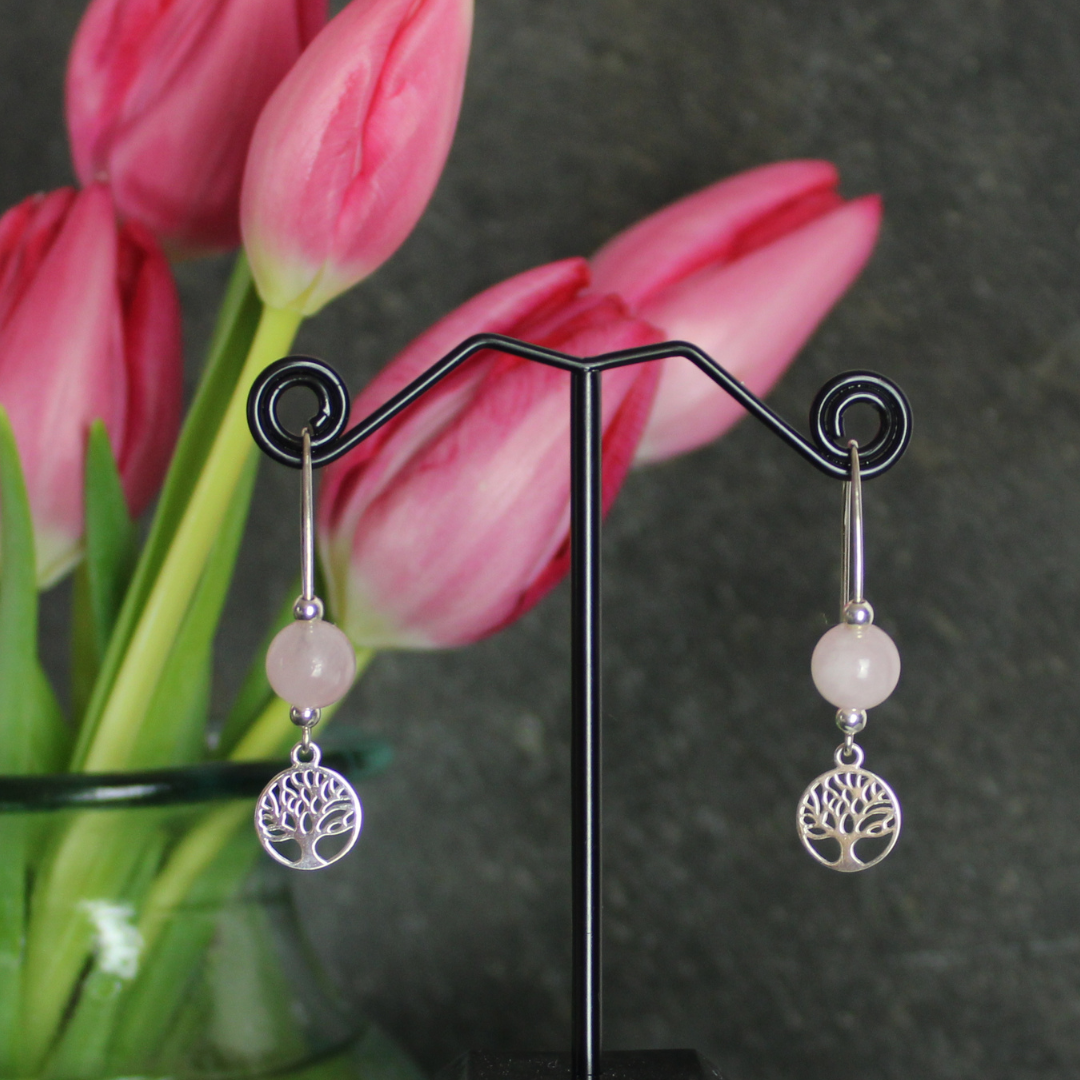 Rose Quartz Tree of Life Wire Earrings