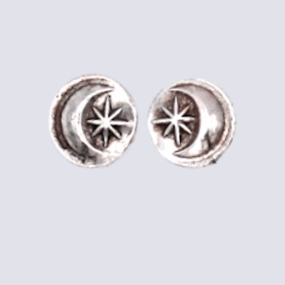 Crescent Moon and Star Sterling Stud Earrings - Arborvitae Designs