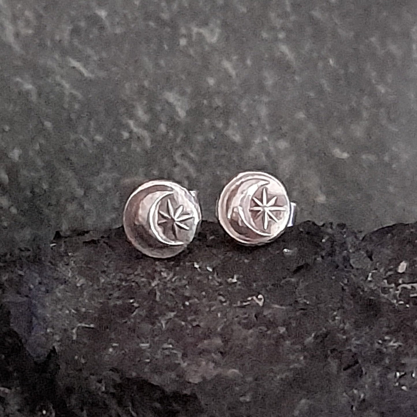 Crescent Moon and Star Sterling Stud Earrings - Arborvitae Designs